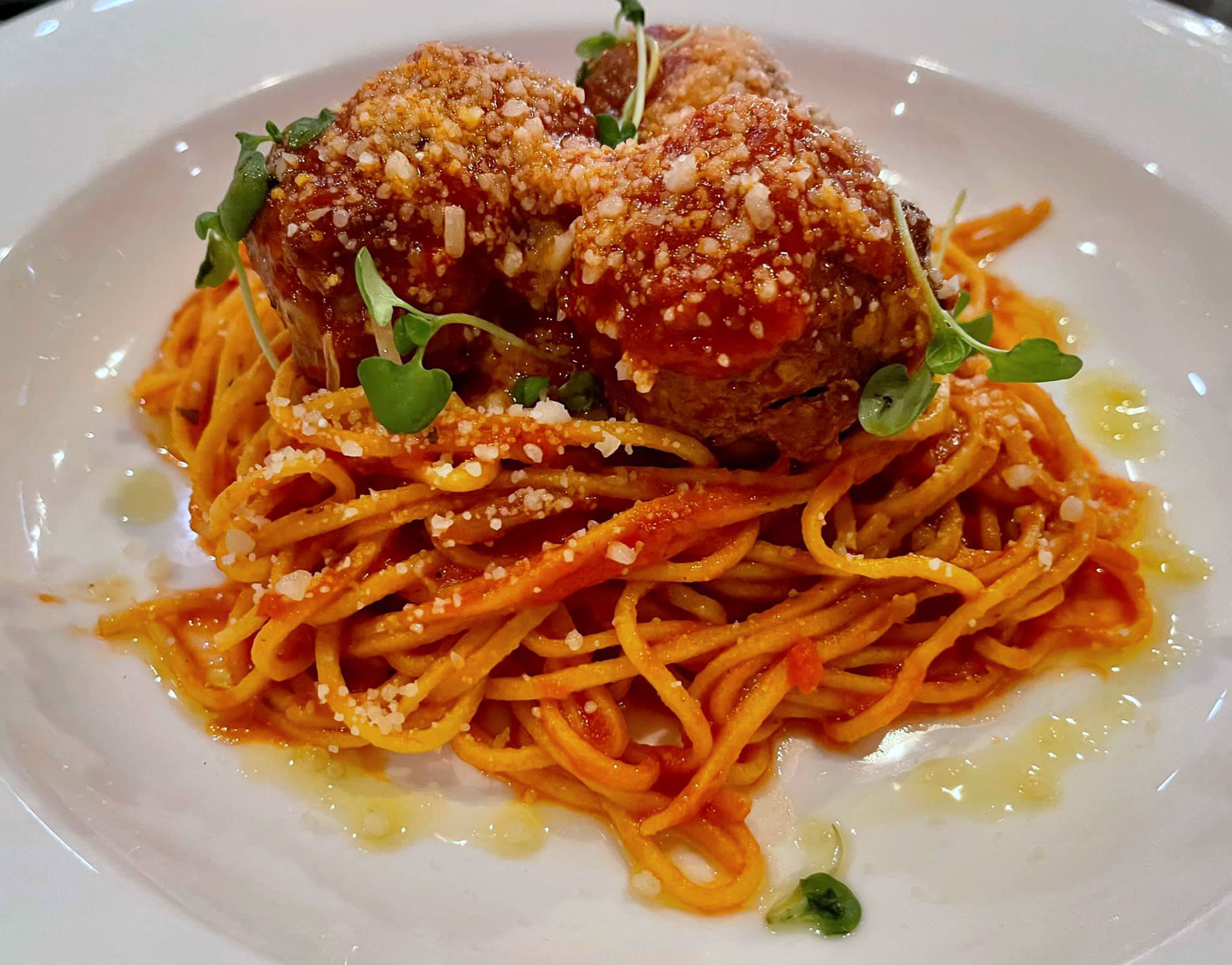 Spaghetti Alla Chitarra - Pomodoro, Homemade Meatballs, Fresh Basil