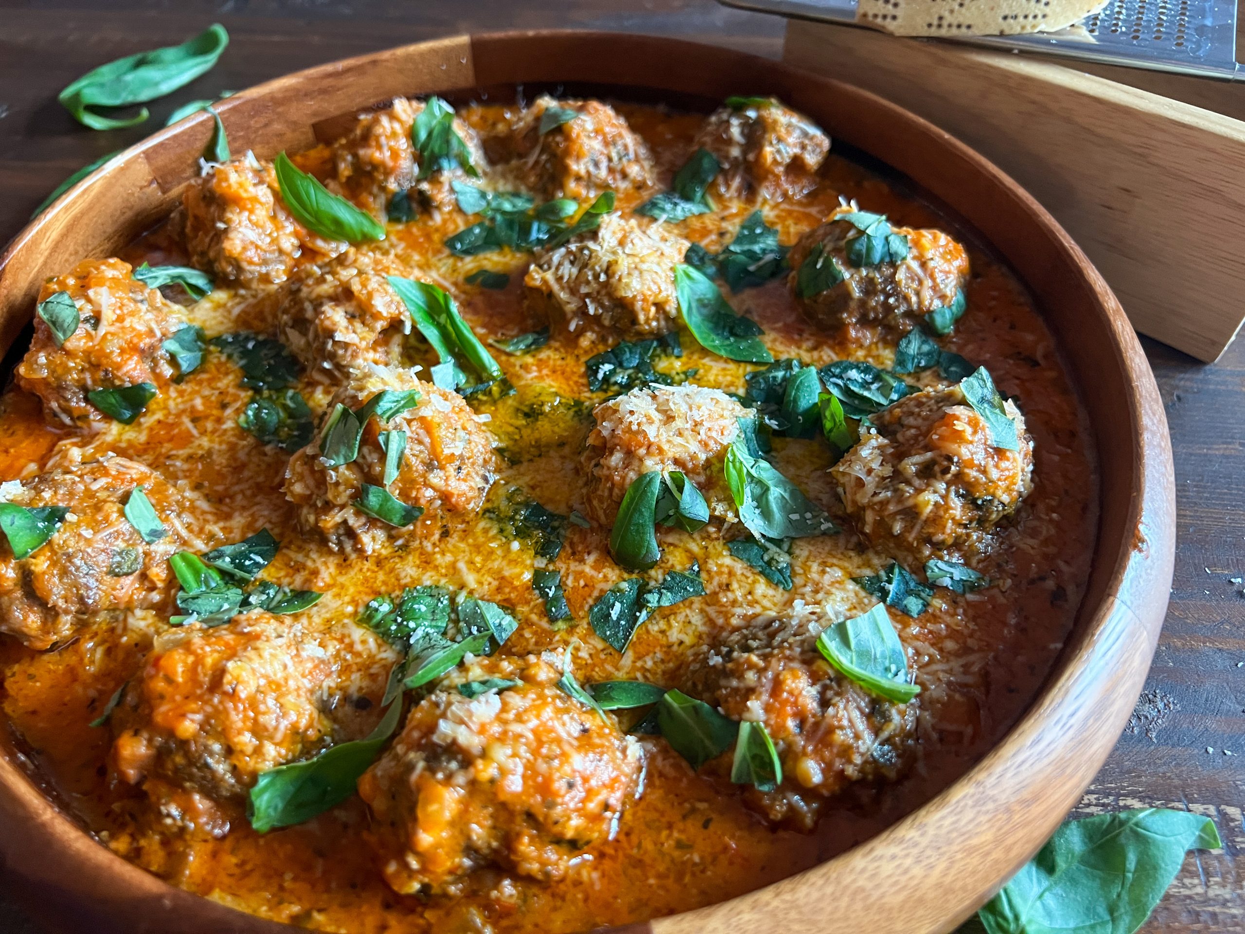 Mortadella & Beef Meatballs with a Roasted Red Pepper Sauce