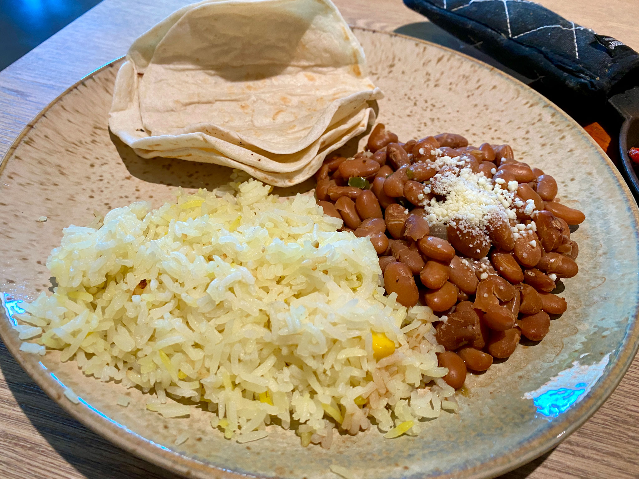 Jasmine Rice Sans Cilantro and Norteño Beans and Flour Tortillas for Fajitas