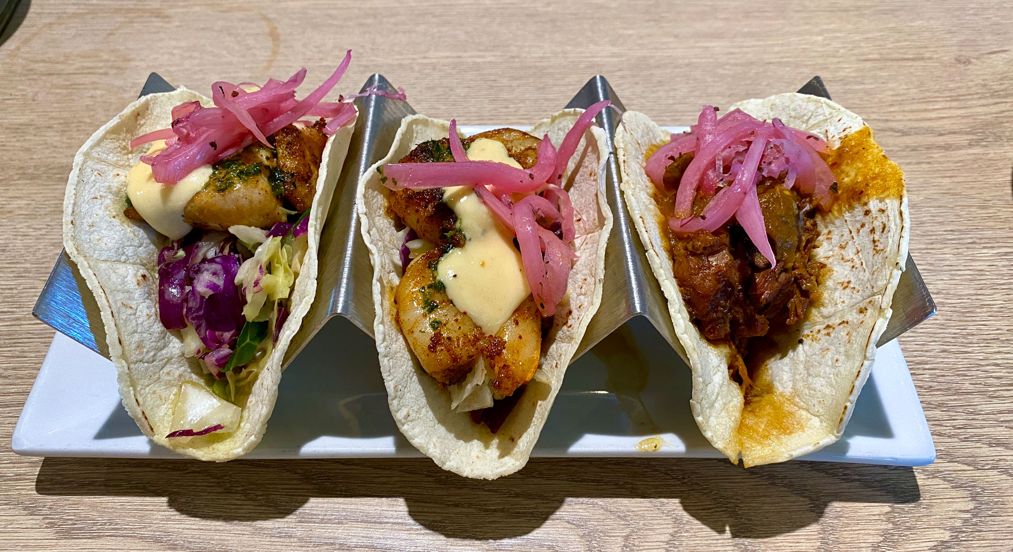 Pescado, Shrimp, and Carnitas Tacos