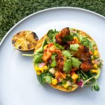 You can optionally serve cilantro garnished on top of the tostada with lime on the side