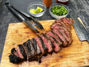The sliced steak