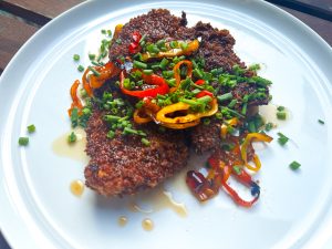 Crispy Chicken Cutlets with Charred Peppers and Hot Honey
