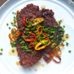 Crispy chicken cutlets with charred peppers, hot honey and lots of chives