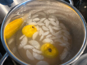 Poached shrimp in an ice bath after cooking