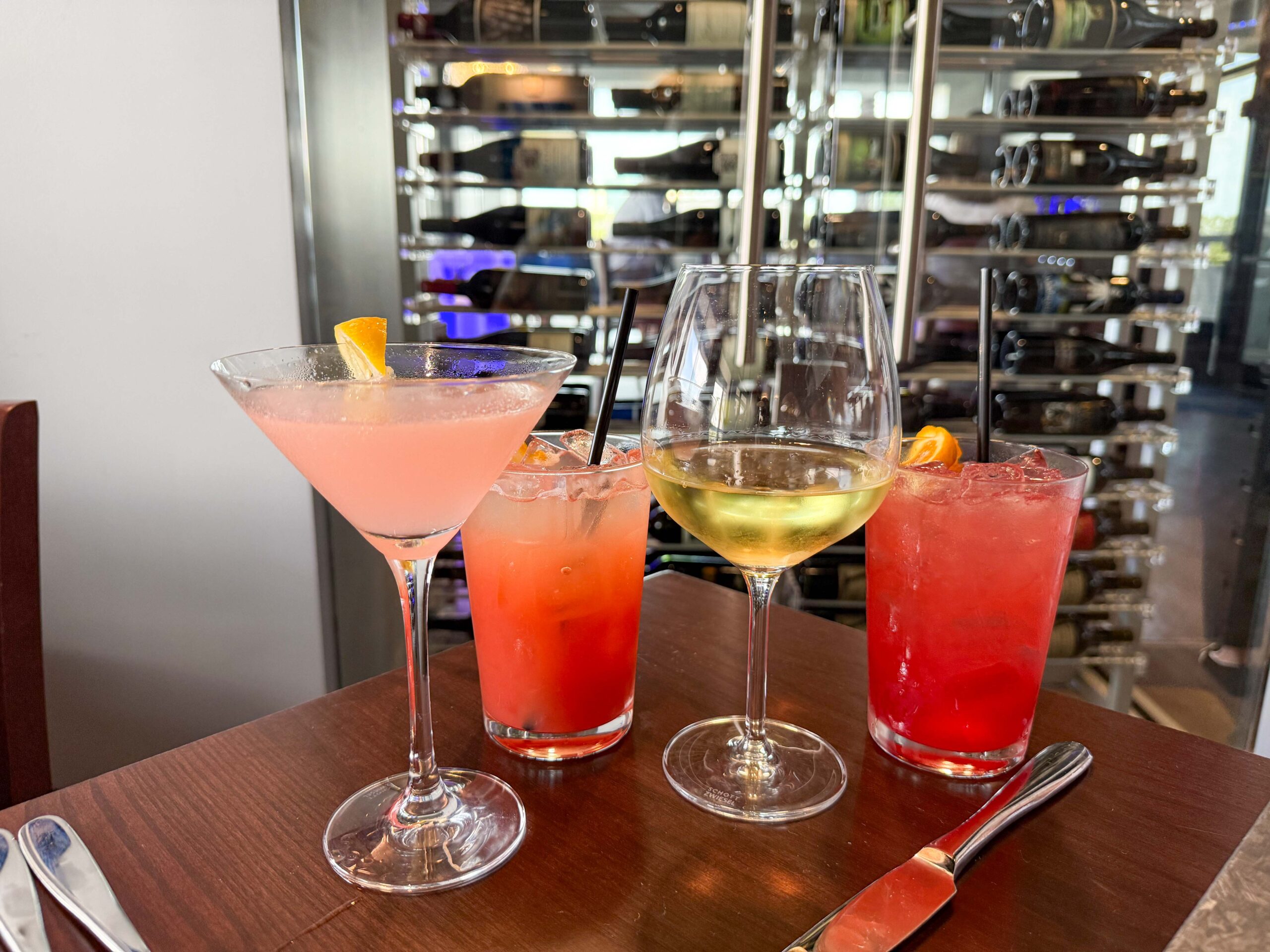 From letft to right - Citrus Rose, Fresca Spritz, house Chardonnay and the Halo Punch