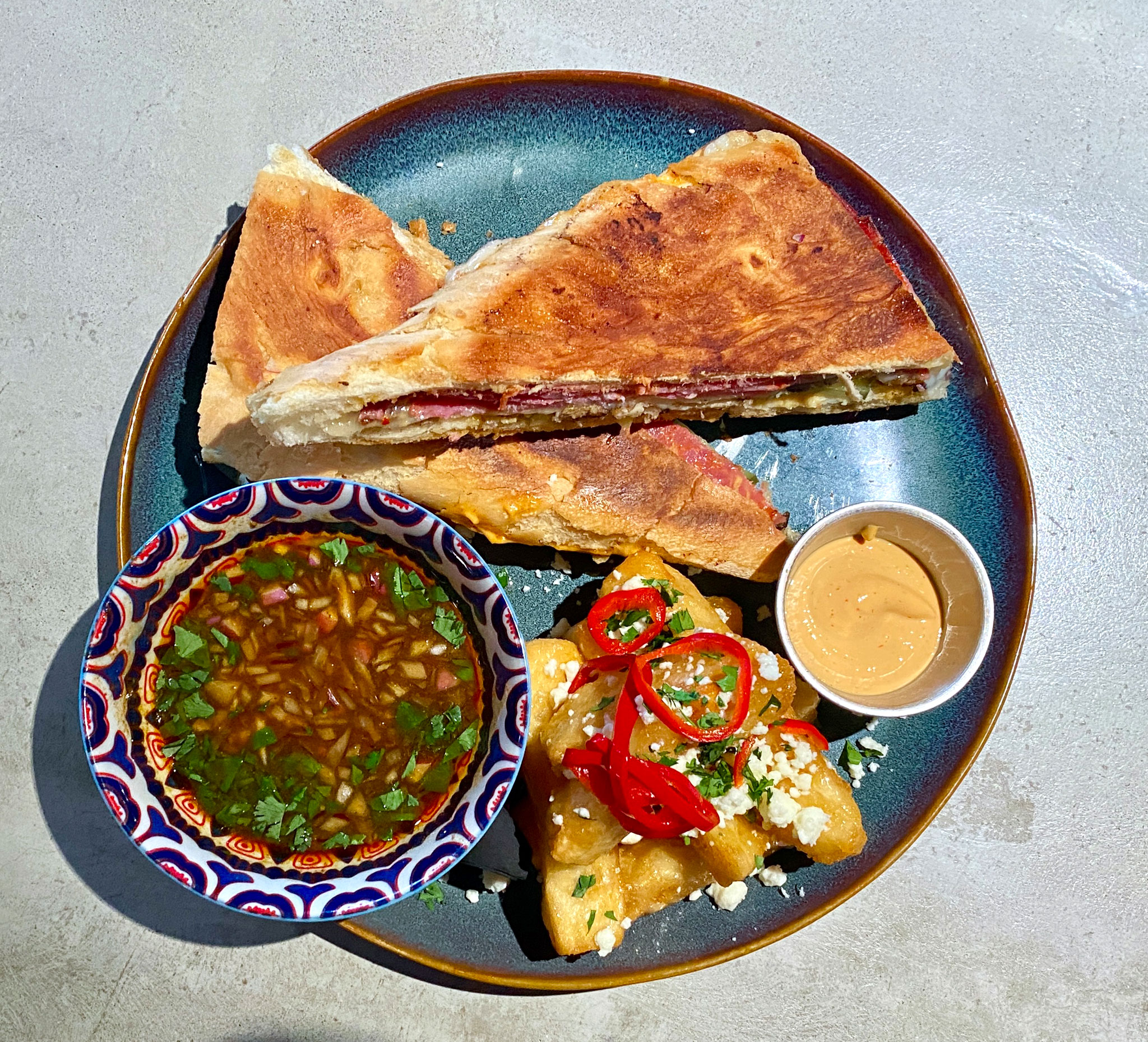 Cuban Dip Plate with Yuca Fries and Ropa Vieja Juice for Dipping