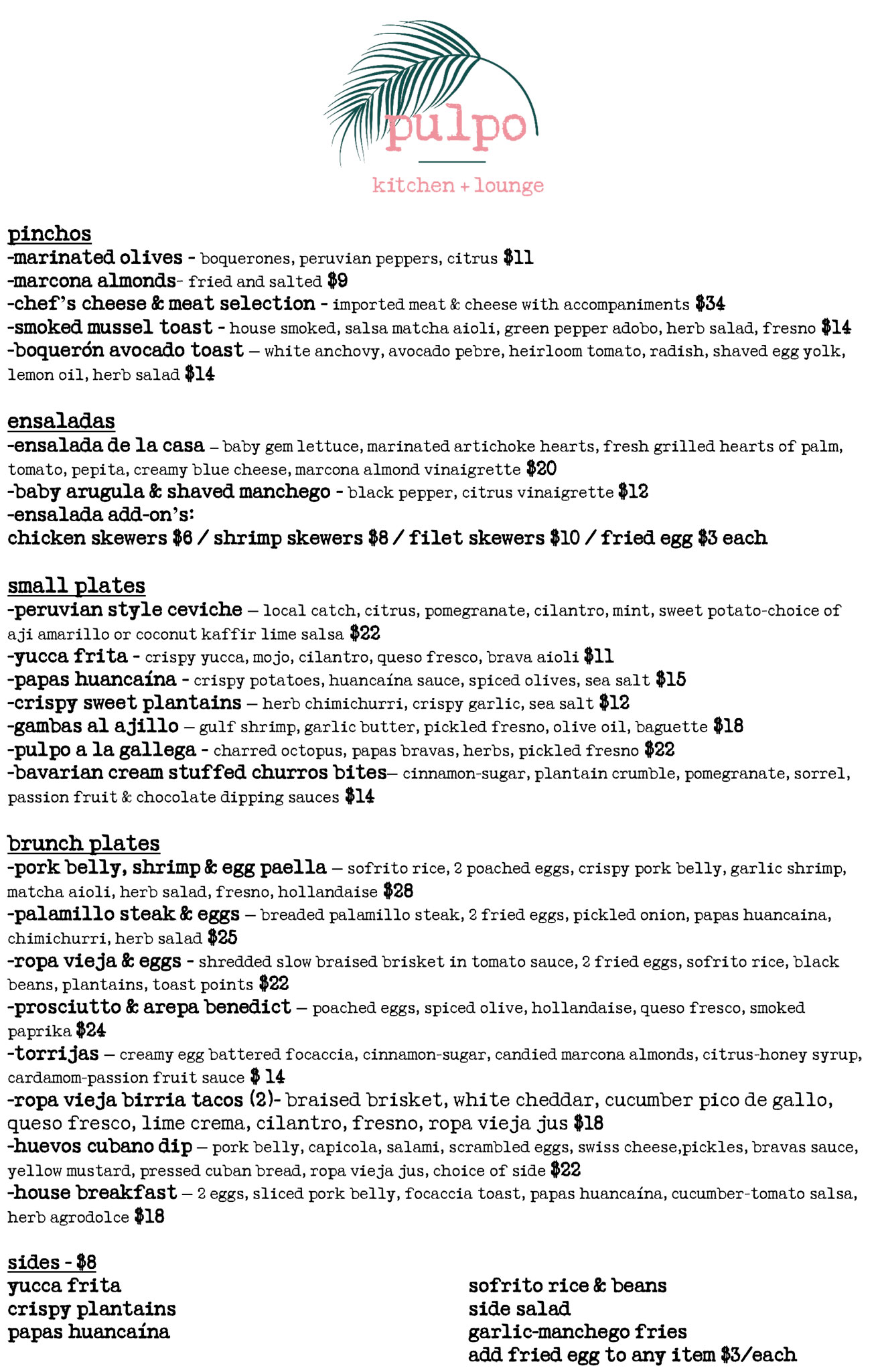 Pulpo Brunch Menu December 2025