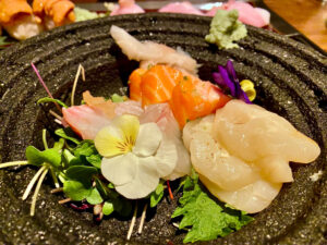 Clockwise from the top - Salmon Belly, Hokkaido Scallop, Kampachi