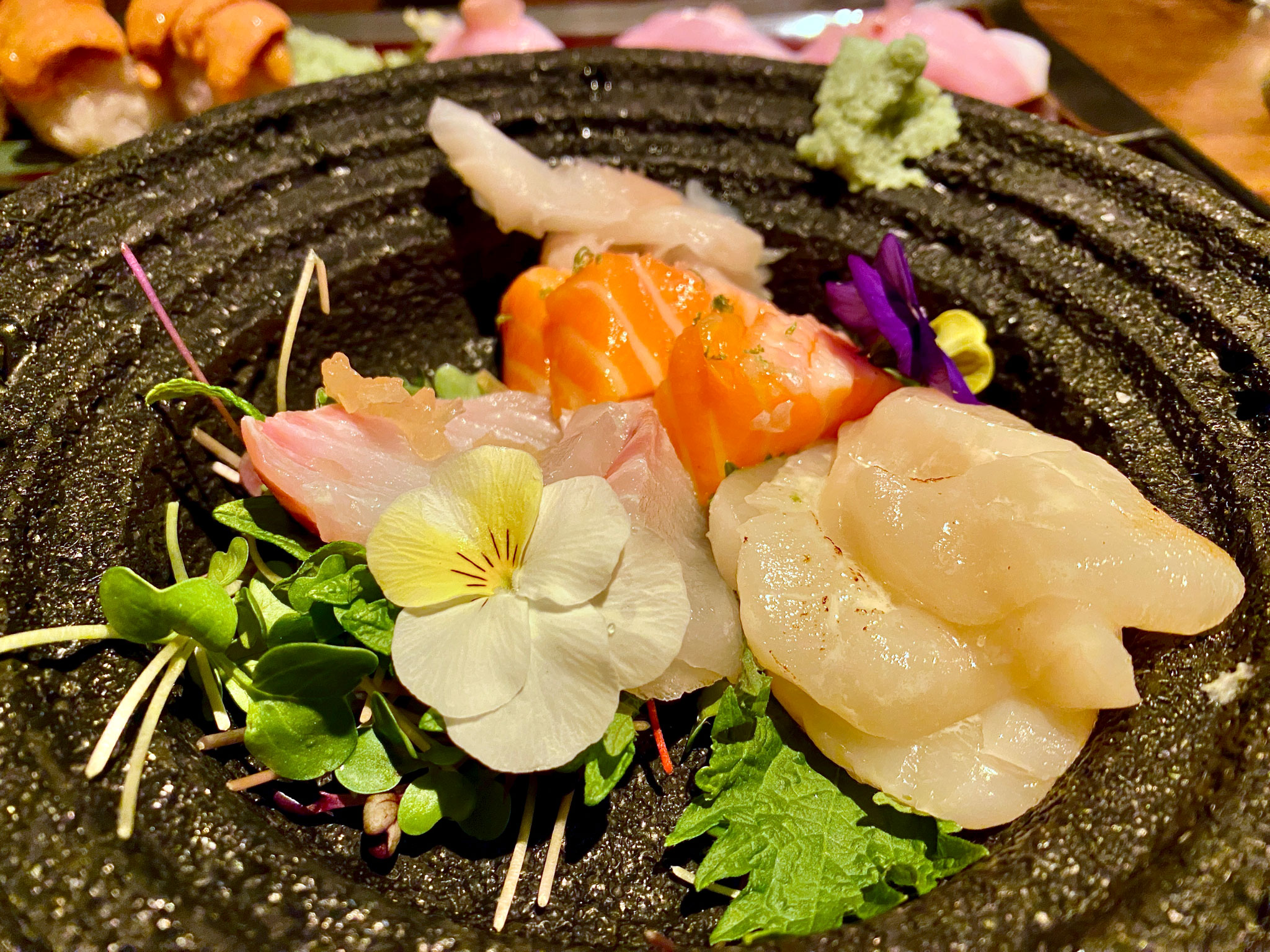 Clockwise from the top - Salmon Belly, Hokkaido Scallop, Kampachi
