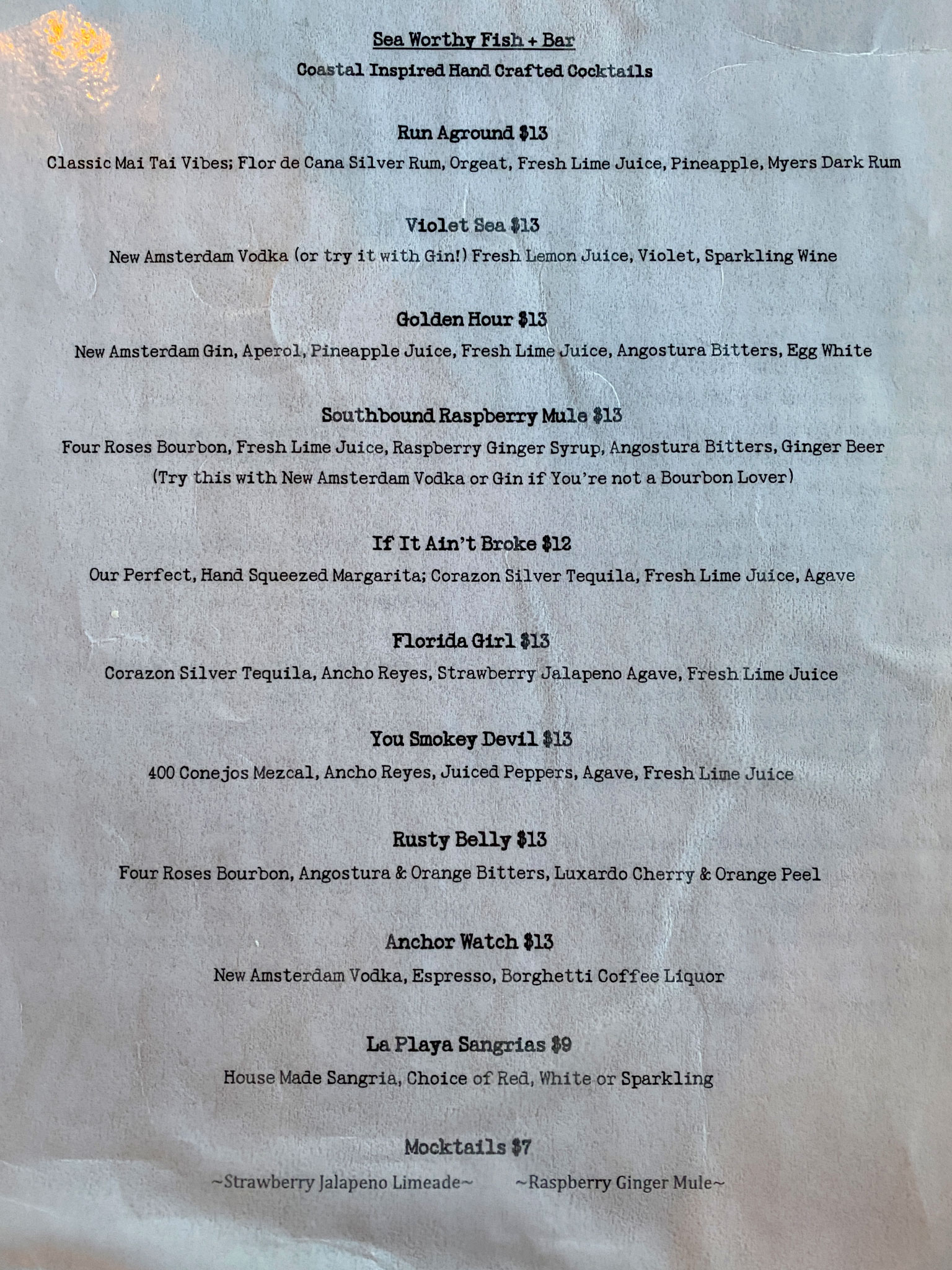 Sea Worthy Cocktail Menu