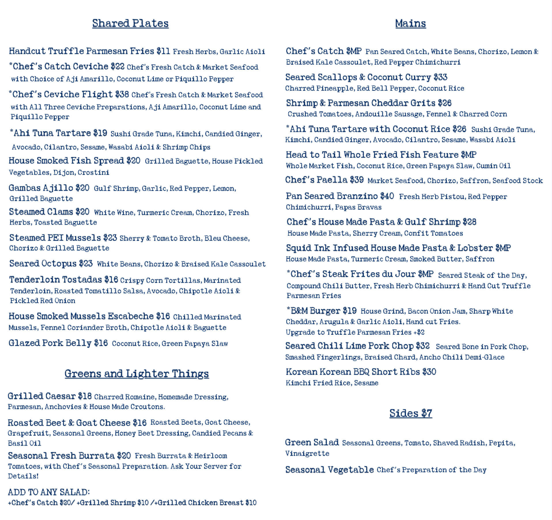Sea Worthy Menu
